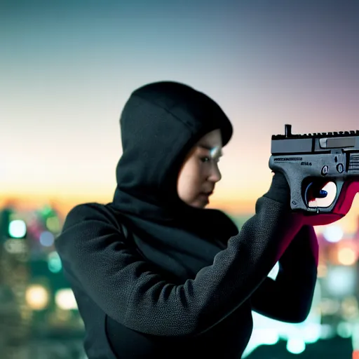 Image similar to photographic portrait of a techwear woman holding a Glock 18, closeup, on the rooftop of a futuristic city at night, sigma 85mm f/1.4, 4k, depth of field, high resolution, 4k, 8k, hd, full color