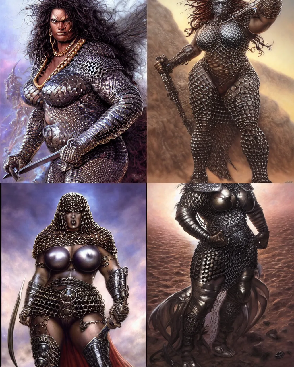 Prompt: a large woman wearing chain mail, heavy looking, powerful, imposing presence, by greg staples and boris vallejo, highly detailed, hyperrealistic, dark skin, desert lands, sharp focus, soft lighting, centered, octane render