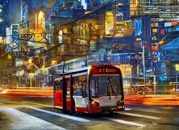 Image similar to trolleybus stands at a stop, headlights shine with neon light, atmospheric, futuristic, cyberpunk, ray tracing global illumination, 8 k resolution, ultra detailed