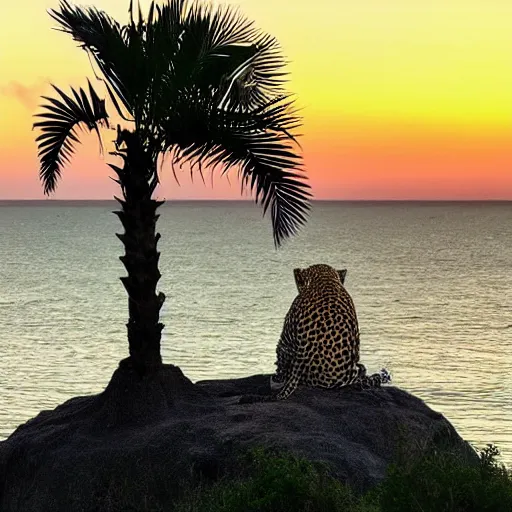 Prompt: “ leopard sitting on the top of a palm tree, sunset in background ”