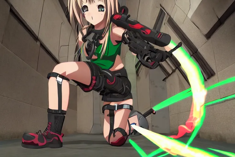 Image similar to an anime girl in a screenshot of the video game doom, the anime girl is crouching