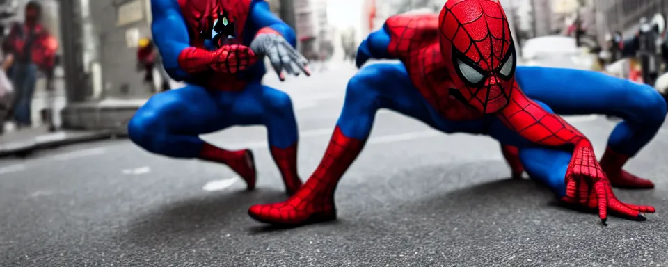 Image similar to soldier shoots spiderman, new york, shallow depth of field, photoreal, cinematic