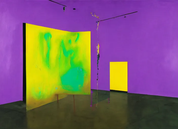 Image similar to minimalistic abstract painting in purple, yellow, dark green, by hernan bas and pat steir and hilma af klint, psychological, photorealistic, dripping paint, washy brush, oil on canvas, rendered in octane, altermodern, masterpiece