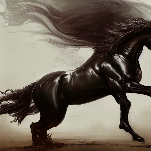 Image similar to an enormously muscular black - coated anthro horse at a research facility wearing skintight body armor, long mane, highly detailed, digital painting, artstation, illustration, art by artgerm, greg rutkowski, wlop