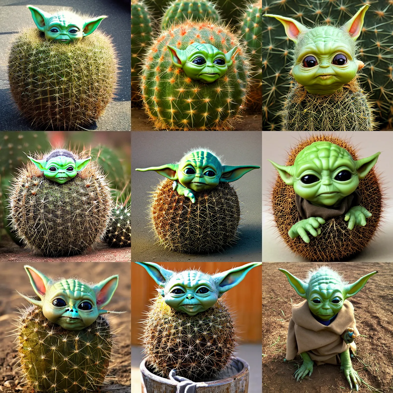 Prompt: baby yoda as a barrel cactus