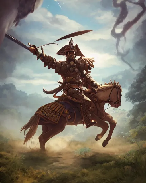 Image similar to ultrarealistic illustration of a spanish conquistador in battle, symmetrical, by daniel zrom and mingchen shen, studio ghibli color scheme, detailed, handsome, anatomy, sharp focus, photography, magic : the gathering, octane, cinematic lighting, facial features, jungle