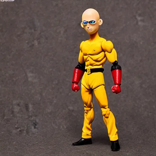 Prompt: saitama, stop motion vinyl action figure, plastic, toy, butcher billy style