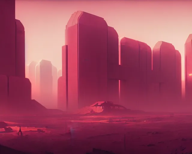 Prompt: brutalist alien civilization, matte painting by Martin Deschambault, red skies color scheme, fine dust, featured in artstation, octane render, cinematic, elegant, intricate, 8k