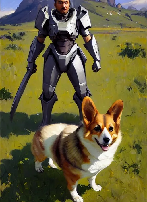 Image similar to Greg Manchess painting of an anthropomorphic Corgi wearing Forerunner Armor from Halo, countryside, calm, fantasy character portrait, dynamic pose, above view, sunny day, artwork by Jeremy Lipkin and Giuseppe Dangelico Pino and Michael Garmash and Rob Rey, very coherent asymmetrical artwork, sharp edges, perfect face, simple form, 100mm