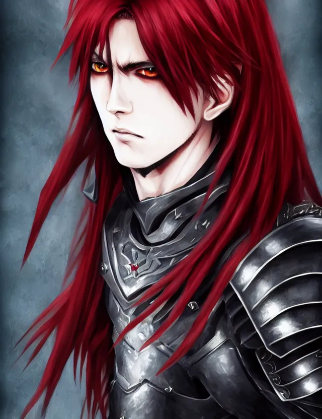 Image similar to a detailed manga portrait of a handsome vampire boy with long crimson hair in dark black spiked armour, trending on artstation, digital art, 4 k resolution, detailed, high quality, sharp focus, hq artwork, coherent, insane detail, character portrait