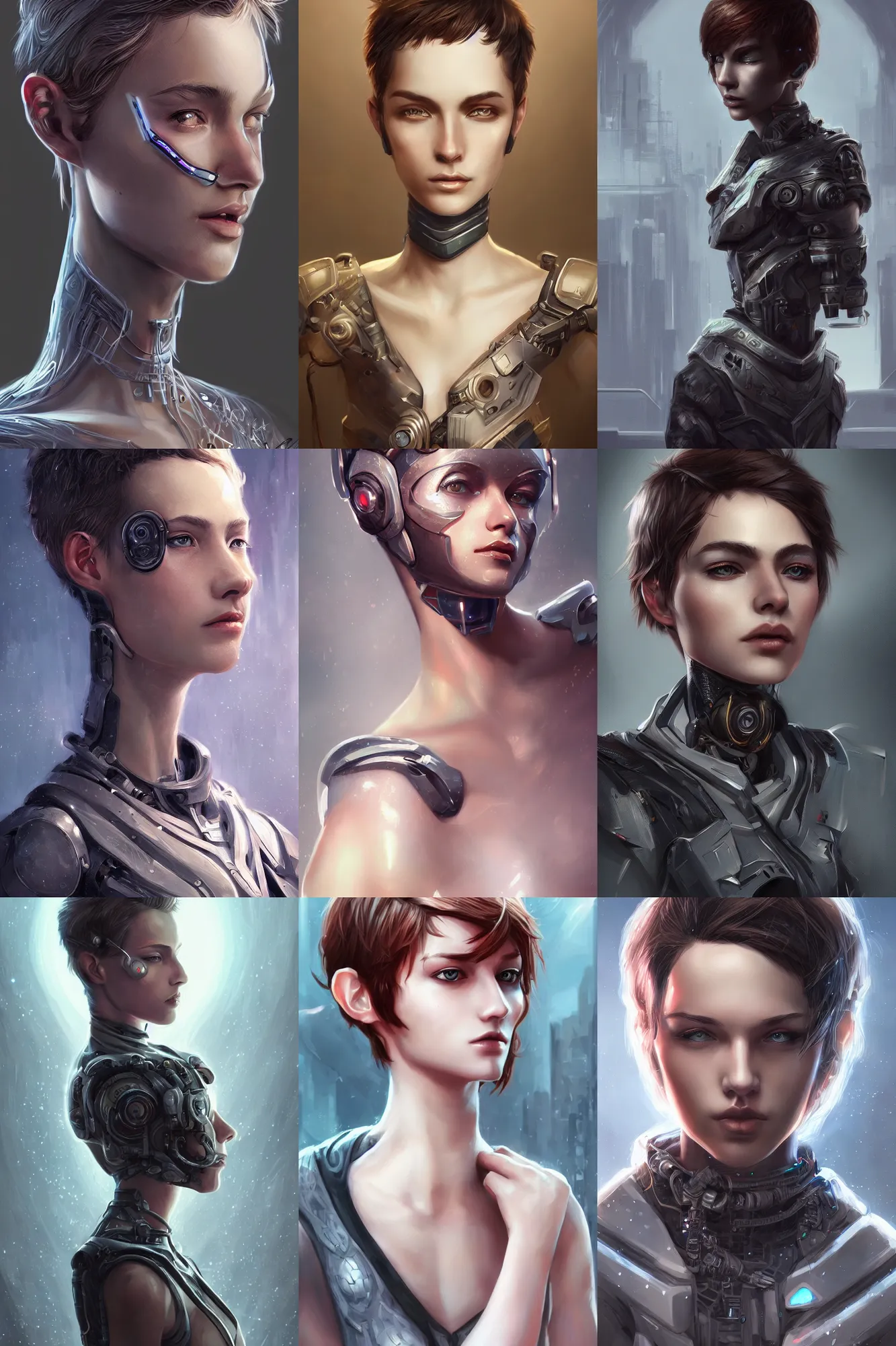 Prompt: Ultrarealistic illustration beautiful young androgynous person, very short hair, cyborg, cyberpunk, sci-fi fantasy,intricate,elegant,highly detailed, digital painting, artstation, concept art