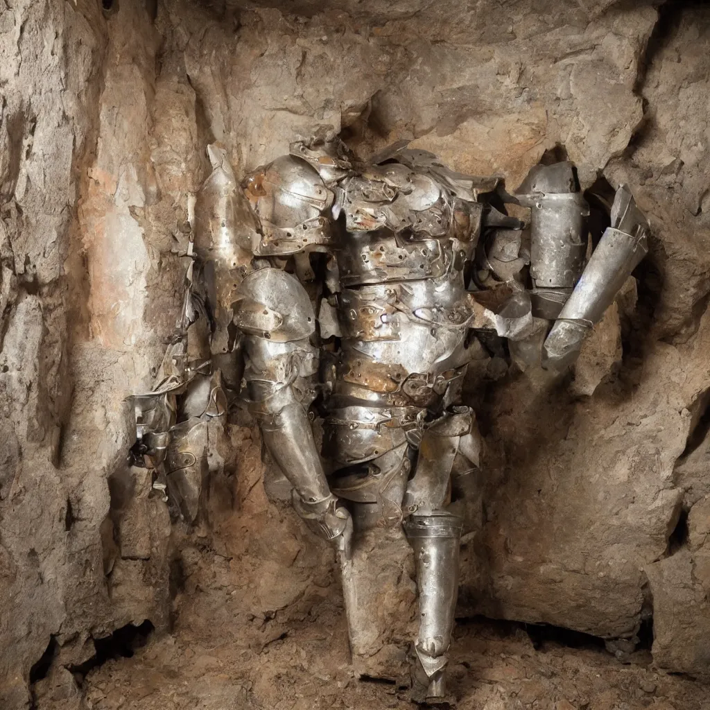 Prompt: archeological discovery in a hidden castle room of a suit of armor that looks like an anthro fox