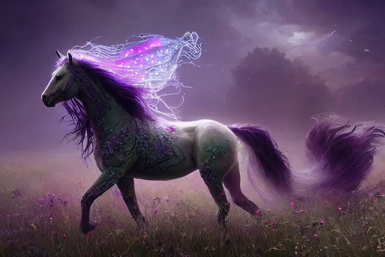 Image similar to a stunning horse with a mane of bioluminescent vines and flowers running through a meadow by greg rutkowski, flowerpunk, volumetric light, digital art, highly detailed, fine detail, intricate, ornate, complex, octane render, unreal engine, photorealistic