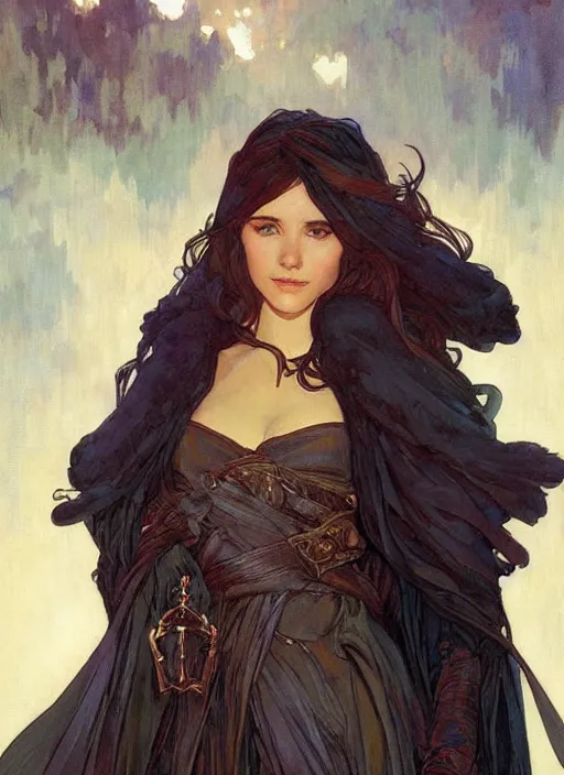 Prompt: a young woman fantasy adventurer with a huge cloak made of black raven feathers, beautiful painting by artgerm and greg rutkowski and alphonse mucha