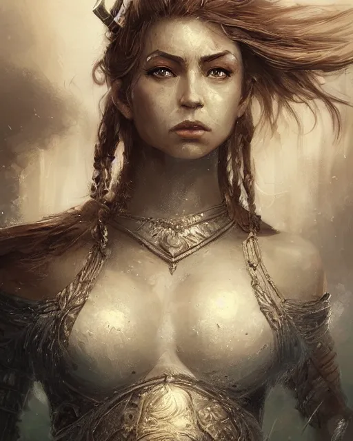 Image similar to A beautiful female warrior posing on a boat, beautiful face, highly detailed face, close-up, fantasy art, in the style of greg rutkowski, illustration, epic, fantasy, intricate, hyper detailed, artstation, concept art, smooth, sharp focus, ray tracing