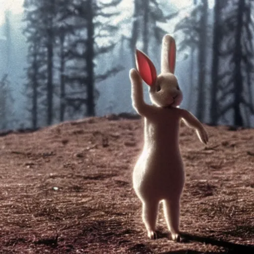 Prompt: a rabbit in the movie twin peaks