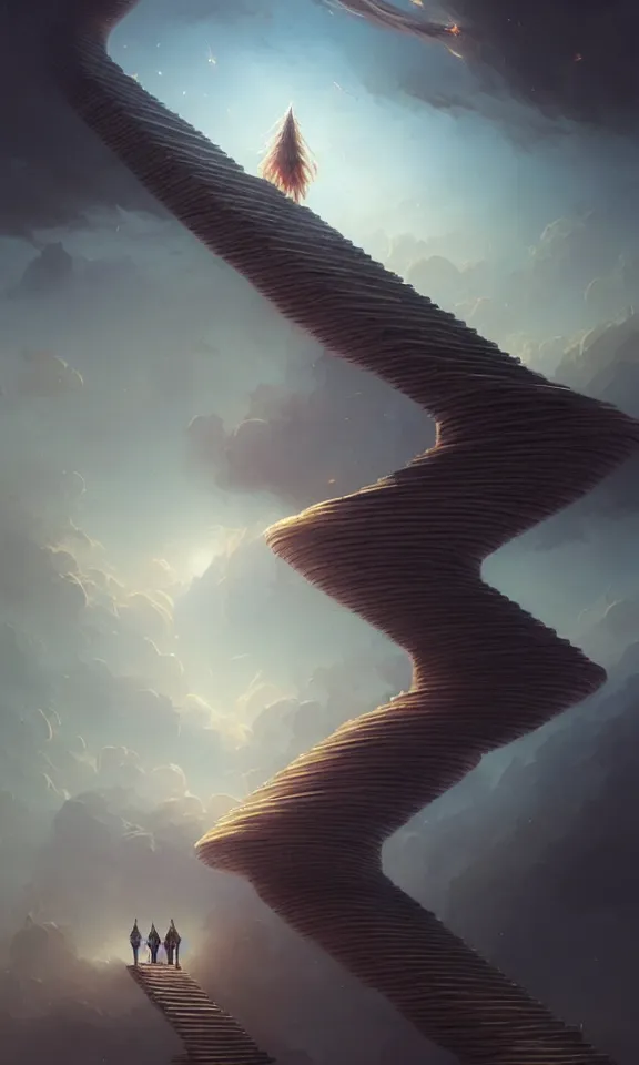 Image similar to endless stairs to universe, sky full of clouds, art by greg rutkowski and peter mohrbacher, featured in artstation, octane render, cinematic, elegant, intricate, ultra detailed, rule of thirds, professional lighting, unreal engine, fantasy, concept art, sharp focus, illustration, 8 k