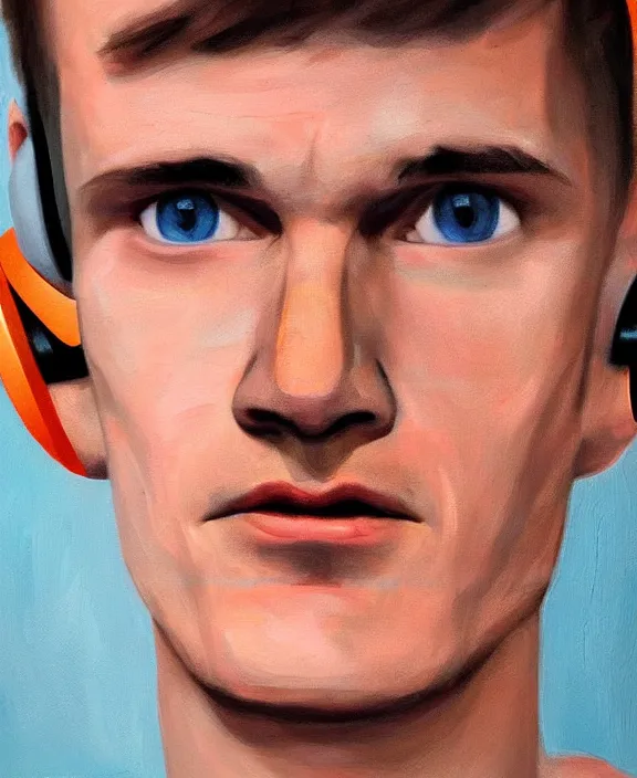 Image similar to vitalik buterin in headphones. vitalik buterin, close up, perfect symmetric face, coherent eyes, cute beautiful face, fine details., 4 k, hans zatska, oil paint