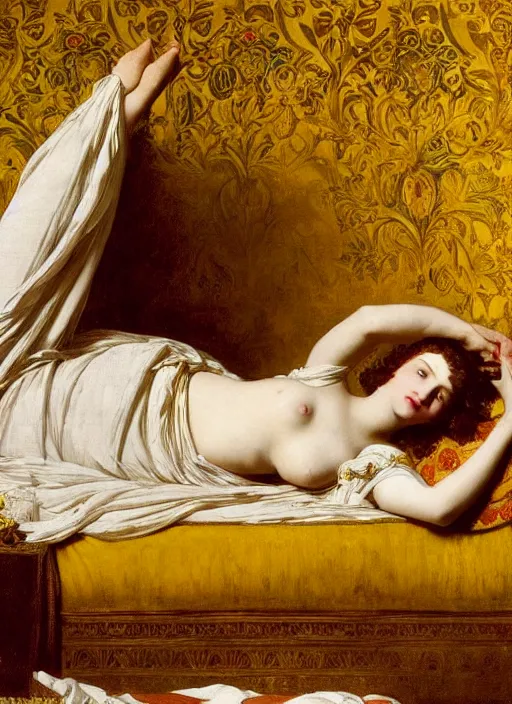 Image similar to masterpiece portrait of lady reclining on bed wearing yellow ochre ornate medieval dress, vertical, foreshortening, colour photography by frederic leighton, william morris, 8 k