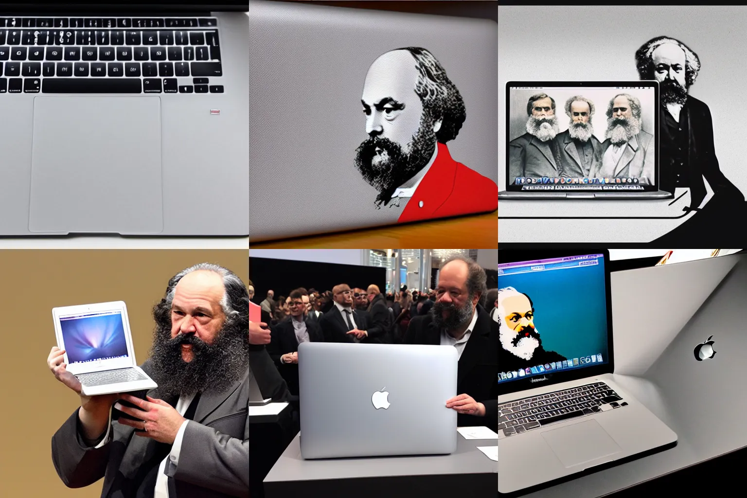 Prompt: Karl Marx presents new macbook