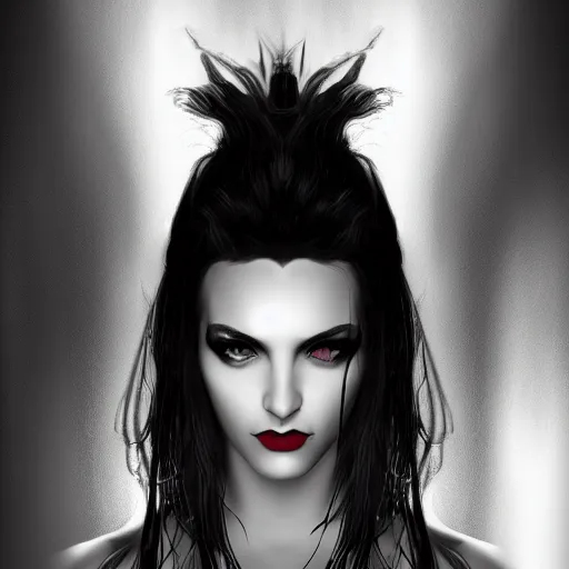 Prompt: Digital portrait of a beautiful half-elf half-vampire young woman. Black and white hair. Red irises, vertical pupils. Award-winning digital art, trending on ArtStation