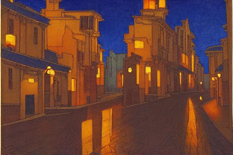 Prompt: winding street at twilight in a very old very beautiful city by George Price Boyce and Nicholas Roerich and jean delville, glowing paper lanterns, strong dramatic cinematic lighting , ornate tiled architecture, lost civilizations, smooth, sharp focus, extremely detailed