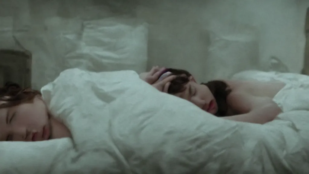 Image similar to movie still of a girl having sleep paralysis, cinematic composition, cinematic light, criterion collection, vivid colors, by edgar wright and david lynch