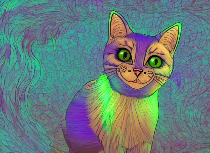 Prompt: coloring book drawing of a cat from a musical sparkly digital space opera, animated film, volumetric lighting, octane render
