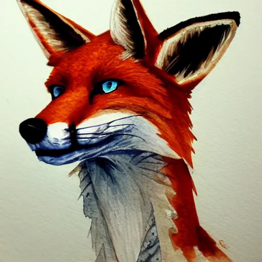 Image similar to water color on paper, foxy animatronic portrait, highly detailed, artstation, masterpiece, award - winning,