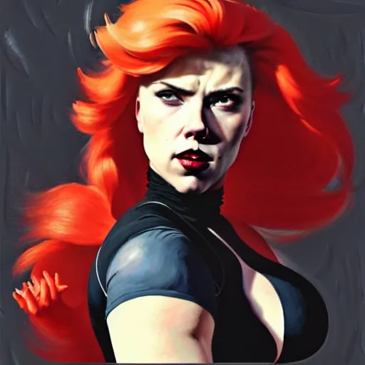 Prompt: greg manchess portrait of scarlett johansson as thick very muscular gothic weightlifter zarya from overwatch with red hair and black lipstick, fantasy medium shot, asymmetrical, profile picture, organic painting, sunny day, matte painting, bold shapes, hard edges, street art, trending on artstation, by huang guangjian and gil elvgren and sachin teng