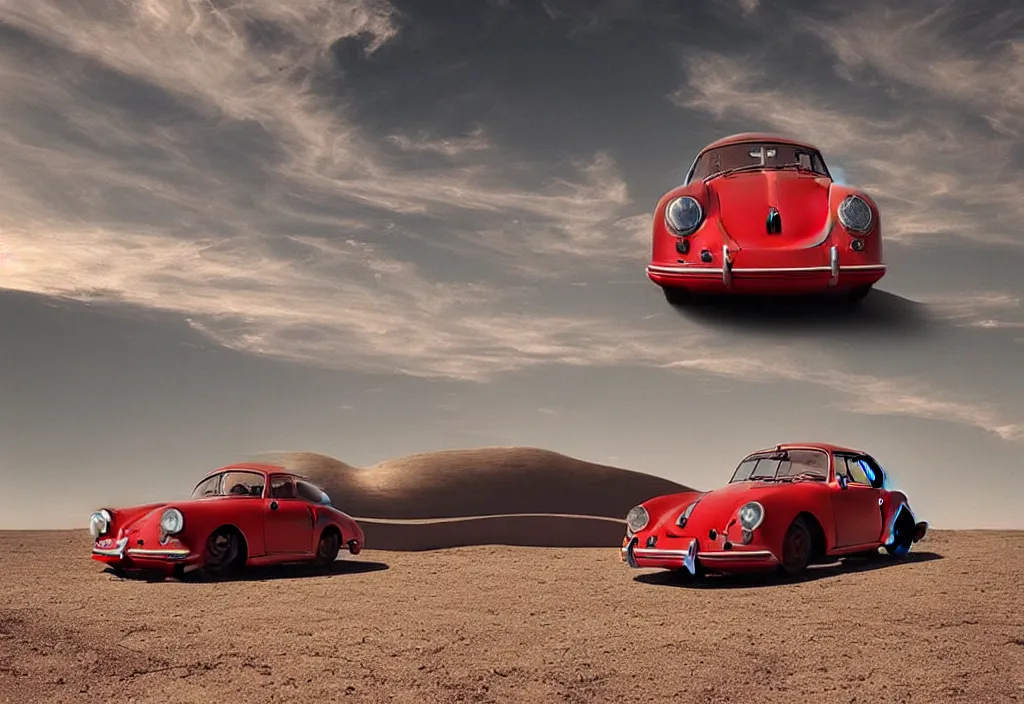 Image similar to “a red porsche 356 is parked in the middle of the desert, a matte painting by Scarlett Hooft Graafland, featured on unsplash, australian tonalism, anamorphic lens flare, cinematic lighting, rendered in unreal engine”
