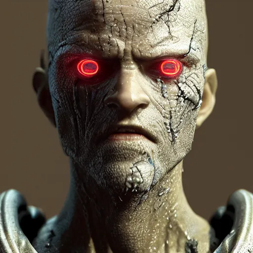 Image similar to photo taken of an epic intricate, ultra detailed, super realistic gritty, wet, lifelike sculpture of an cyberpunk ninja with neon veins created by weta workshop, zoomed in shots, subsurface scattering, photorealistic, sharp focus, white wall coloured workshop, cold colour temperature, f 0. 4, face centred, golden ratio,