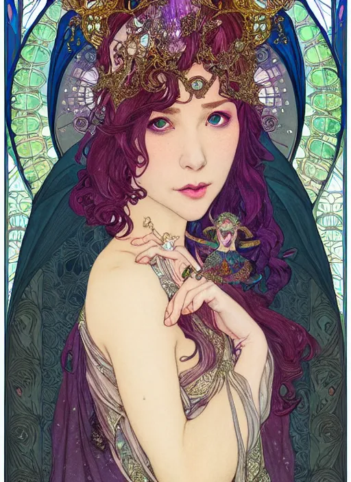 Prompt: portrait of jeanpierrepernauttv, cloak, royally decorated crystal gemstones, symmetrical face, art nouveau, portrait, cute, fairy, by mai yoneyama, kelly mckernan, greg rutkowski, alphonse mucha, detailed background, artstation, intricate, elegant, highly detailed, colorful, maximalist