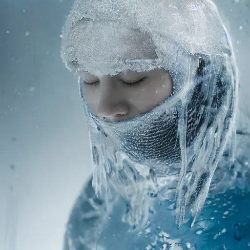 Image similar to futuristic female soldier eyes closed partly submerged in highly viscous clear fluid, frost particles, ice needles, cold blue light, complex hyperdetailed technical suit. white hair flowing. reflection. rays and dispersion of light. volumetric light. 5 0 mm, f / 3 2. noise film photo. ultra realistic, wide angle.