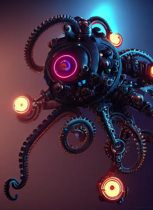 Image similar to steampunk mechanical octopus with glowing emissive eyes hyperrealistic emissive beautfiul artstation portfolio trending Ryan Church concept mist cyberpunk 2077 hardsurface modeling