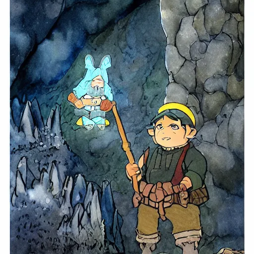 Image similar to dwarf mining for gold in a sparkling dark cave, from ghibli studio, watercolor illustration for book