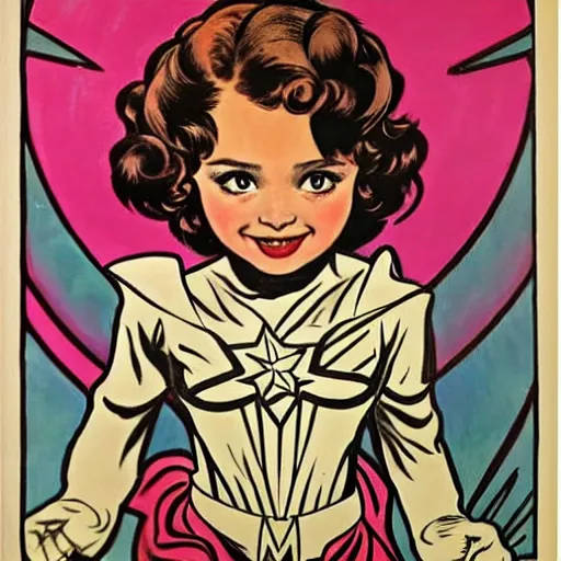 Image similar to a little girl with a mischievous face and light brown curly wavy hair. she is dressed as captain america, spider - man, batman, captain marvel, a superhero. well composed, clean elegant painting, beautiful detailed face. by steve ditko and jack kirby and alphonse mucha