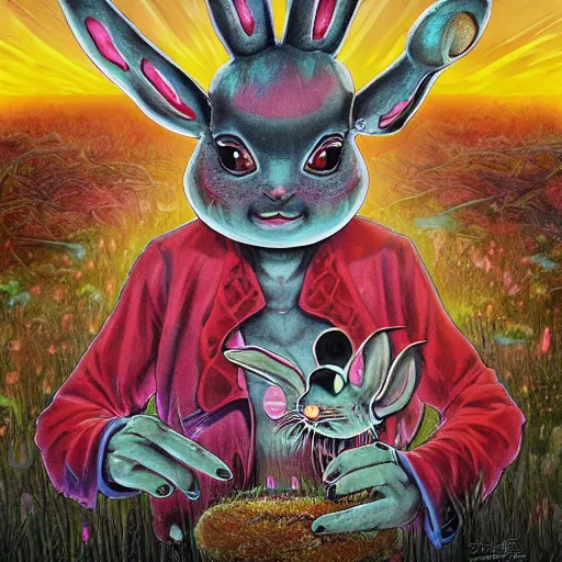 Image similar to 4 k headshot portrait of a psychedelic demonic anthropomorphic bunny rabbit with mushroom themed clothes, magic mushroom village in background by jeff easley, award winning, stylized neon, post - processing, masterpiece, superb resolution. in the art style of junji ito and greg rutkowski. detailed mushroom city in background. hyper realistic anime. perfect art. dalle 2