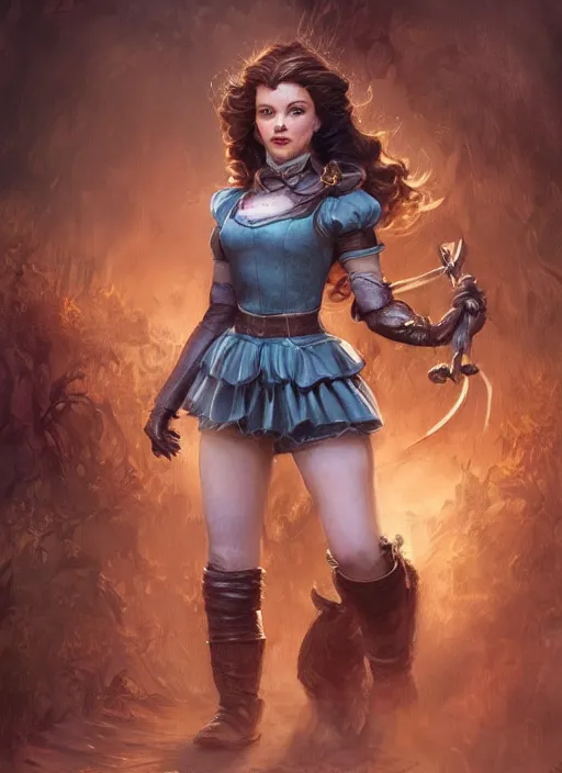 Image similar to beautiful female dorothy gale, rebecca romijn as dorothy, full body character concept, full leather armor, super powers, fantasy, intricate, elegant, highly detailed, digital painting, artstation, concept art, shining, sharp focus, illustration, art by stanley lau