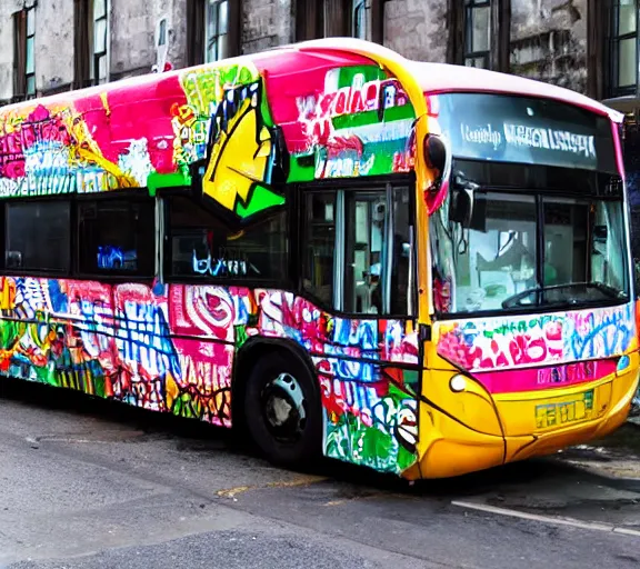 Prompt: graffiti tag on a double decker bus that says ireland