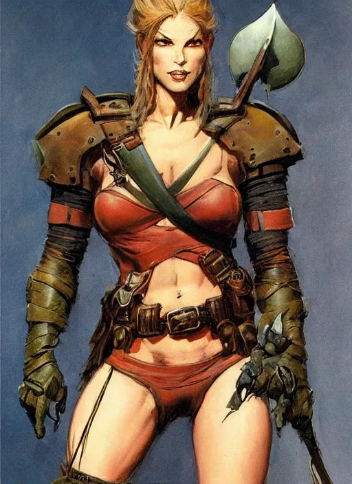 Image similar to portrait of strong female ranger, beautiful! coherent! dungeons and dragons character, by frank frazetta, by brom, strong line, deep color, leather armor, short buzzed hair, high contrast