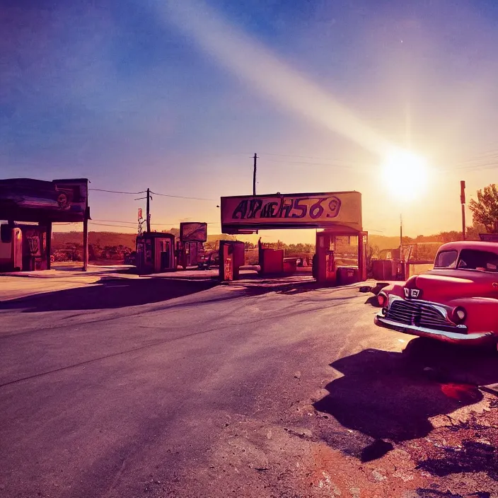 Image similar to a sunset light landscape with historical route 6 6, lots of sparkling details and sun ray ’ s, blinding backlight, smoke, volumetric lighting, colorful, octane, 3 5 mm, abandoned gas station, old rusty pickup - truck, beautiful epic colored reflections, very colorful heavenly, softlight