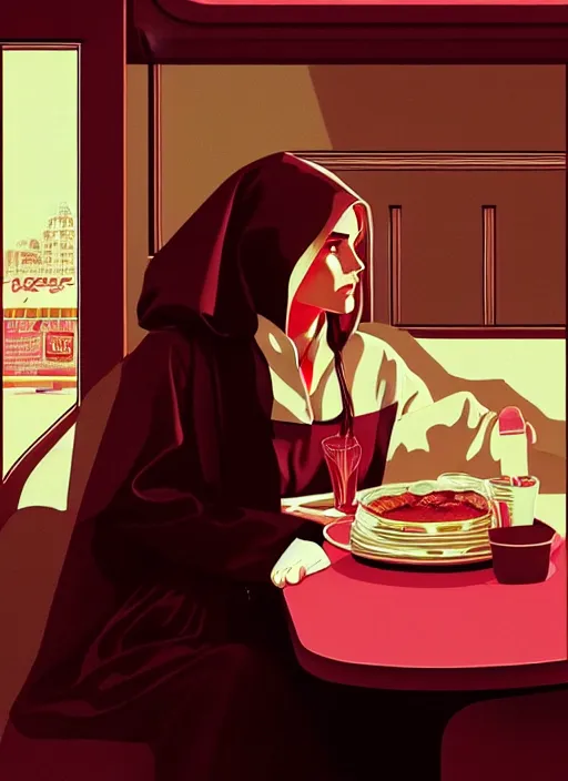 Image similar to Twin Peaks movie poster artwork by Michael Whelan and Tomer Hanuka, Rendering of Emma Watson dressed a nun sitting at a diner booth, from a scene from Twin Peaks, clean, full of detail, Matte painting, trending on artstation and unreal engine