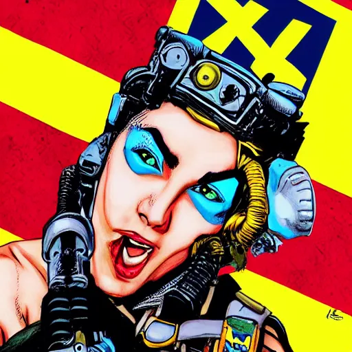 Image similar to tank girl comic, ultra detailed face, ukrainan flag, by alessandra vitelli