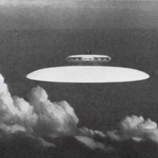 Prompt: in the style of 1 9 5 0 s, a real footage of a scary ufo in the sky, people are running away