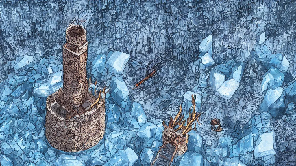 Image similar to Aerial view of a wizard tower surrounded by an ice cave, a fire cave, an ice mine and a fire mine, lineart, colored