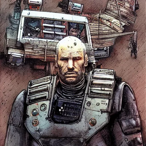 Prompt: sci - fi, dystopian bounty hunter, art by enki bilal