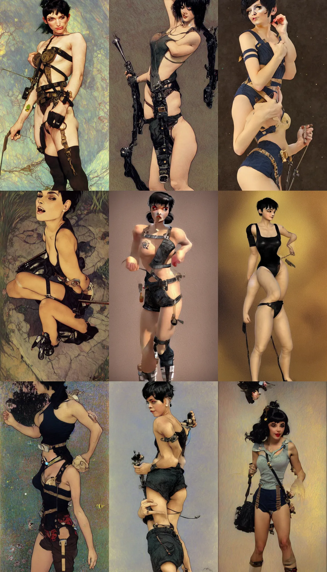 Prompt: a girl with black hair pixie cut in shorts with suspenders drawn by slb, frank frazetta, ralph bakshi, alphonse mucha, gustav klimt 8k, 4k, unreal 5, DAZ, trending on artstation, octane render, hyperrealistic