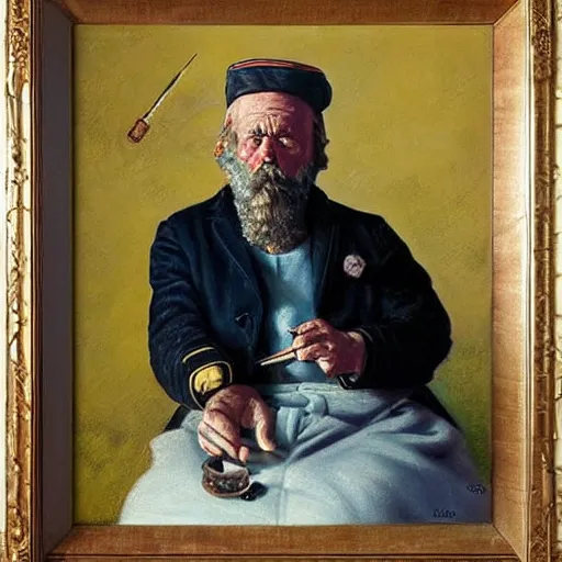 Image similar to painting of sailor hobo hyperrealism vasily vereshchagin with smoking pipe