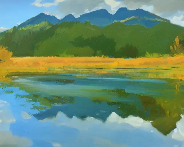 Prompt: mountains with a small lake, clouds in the sky, water reflecting suns light, landscape mode made by ben aronson